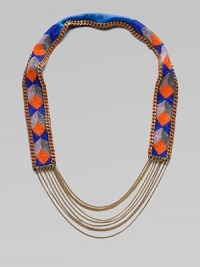 Colorful glass beads in striking geometric shapes cover a leather strap, edged in bold chains with delicate chains draped at the bottom.GlassLeatherGoldtoneCotton backingLength, about 18½Imported