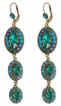 Victorian Elegance Michal Negrin Splendid Dangle Earrings Enhanced with Oval Elements with Turquoise, Green and Blue Swarovski Crystals and Green Marquise Crystals