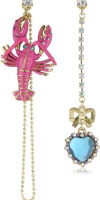 Betsey Johnson Sea Excursion Lobster and Crystal Heart Mismatch Linear Earrings