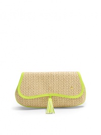 THE LOOKNatural raffia with bright neon leather trimCurvy flap styleSnap flap closure with tassel pullSignature goldtone S studOne inside logo printed open pocketTHE MEASUREMENT9W X 5H X ¼DTHE MATERIALRaffiaLeather trimFully linedORIGINImported