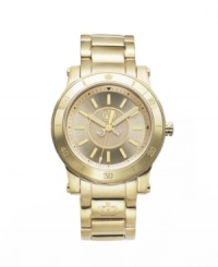 A hidden treasure in plain sight, by Juicy Couture. HRH watch crafted of gold tone stainless steel bracelet and round case with numeral-etched bezel. Gold tone dial with inner textured gold tone dial features rose gold tone stick indices, minute track, luminous hands and iconic crown logo. Quartz movement. Water resistant to 30 meters. Two-year limited warranty.