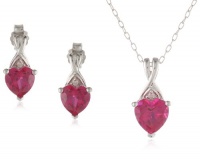 Sterling Silver Created Ruby and Diamond Heart Earrings and Pendant Necklace Set, 18