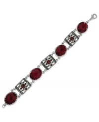 Stunning in siam tones. This link bracelet from 2028, crafted from silver-tone mixed metal, strikes a bold look with dark-red epoxy stones and simulated marcasite. Approximate length: 7-3/4 inches.