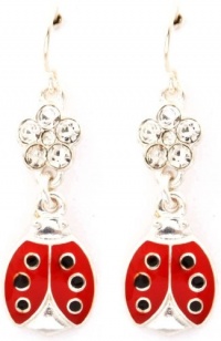 Adorable Small Dangle Enamel Ladybug Charm Earrings with Crystal Flower Accent - Silver Tone