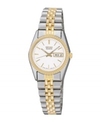 This classic two-tone bracelet watch is ideal for every day featuring precision quartz movement, hardlex crystal and date display on an easy-to-read white dial. Carries Seiko's 3-year limited warranty. 24mm