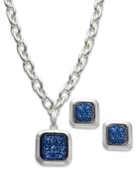 Stylish squares stand out in this pendant necklace and stud earrings set from Charter Club. Crafted from silver-tone mixed metal, the pieces pop with blue stones in the center. Items come packaged in a signature Charter Club box. Approximate length, necklace: 16 inches + 3-inch extender. Approximate drop: 1 inch. Approximate drop, earrings: 1/2 inch.