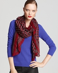 Casual and cool, this sheer MARC BY MARC JACOBS scarf goes geometric with a pink, gray and red print.