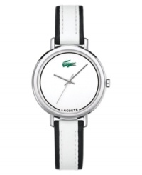 Sporty yet refined, this Lacoste watch delivers ultimate style. White and black nubuck leather strap and round stainless steel case. White dial with logo. Quartz movement. Water resistant to 30 meters. Two-year limited warranty.