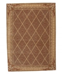 Infusing classic design with modern flair, this rug features a striking lattice pattern studded with rosettes on a weathered cocoa ground, bordered with floral and vine accents. A premium wool weave imparts rich texture and indulgent softness.