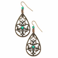 Burnished Copper-Tone Aqua Glass Stone Teardrop Earrings