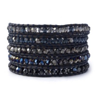 Chan Luu Metallic Blue Crystal Mix Wrap Bracelet on Natural Grey Leather