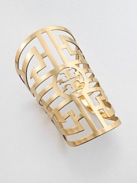 This statement piece is an intricate labyrinth of modern design. 16k goldplated on brassLength, about 7.5Width, about 5Slip-on styleImported 