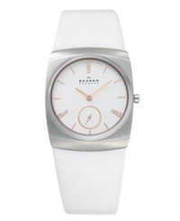 Display your own modern art with this masterpiece by Skagen Denmark. Watch crafted of white leather strap and round stainless steel case. White dial features rose-gold tone stick indices, three crystal accents at twelve, four and eight o'clock, second subdial at six o'clock, two hands and logo.