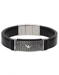 Emporio Armani EGS1417 Men's Black Leather and Silver Tone Stainless Steel Bracelet Jewelry