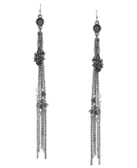 Fringe benefits. Delicate chains and clear and grey-colored glass accents adorn Jessica Simpson's chic, shoulder-dusting style. Earrings crafted in silver tone mixed metal on ear wire. Approximate drop: 4-1/2 inches.