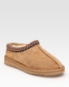 Stay cozy in a this classic suede style with plush shearling lining and embroidered details. Stretch suede upper Shearling lining Foam sole Padded insole Imported