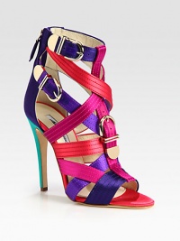 Electrified multicolored satin design with goldtone buckle straps and a sky-high heel. Self-covered heel, 4½ (115mm)Satin upperBack zipAdjustable buckle strapsLeather lining and solePadded insoleMade in Italy