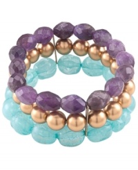 Infuse your look with the perfect combination of color and sophistication. Carolee's elegant three-row bracelet combines amethyst beads (4-1/2 ct. t.w.), burnished gold glass pearls and turquoise-hued glass stones in a gold-plated mixed metal setting. Bracelet stretches to fit wrist. Approximate diameter: 3-1/4 inches.