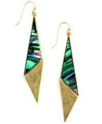 The retro-cool vibe of RACHEL Rachel Roy's fresh triangle earrings spells 80s chic. Funky shell-colored resin combines with gold accents for an angular aesthetic. Setting and fishwire crafted in gold tone mixed metal. Approximate drop: 3-1/4 inches.