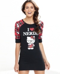 Snuggle up in this comfortable and fun Hello Kitty Nerds sleepshirt. A cute, nerdy Hello Kitty screen print adorns the front and is printed on the patterned sleeves.