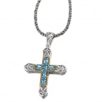 925 Silver & Blue Topaz Celtic Cross Pendant with 18k Gold Accents