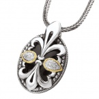 925 Silver, Onyx & Diamond Double Fleur De Lis Pendant with 18k Gold Accents (0.14ctw)