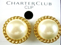 Charter Club Gold Tone Metal & Pearl Button Hypo-Allergenic Clip Earrings