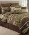 Autumnal ambiance. With a distinctly warm and inviting feel, this Danica comforter set features flowing leaves interspersed with chic circle and stripe patterns. Finished in a brown and muted green colorway.