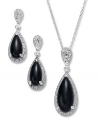 Droplets of black onyx (7-1/2 ct. t.w.) are surrounded by bands of tiny diamonds for an utterly graceful set that is ideal for wearing to any formal gathering. Approximate length (necklace): 18 inches. Approximate drop (pendant): 1-1/4 inch. Approximate earring drop: 1 inch.