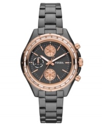 Smoky seduction: this classic chronograph from Fossil's Dylan collection features a feminine touch with rosy accents and crystal shimmer.