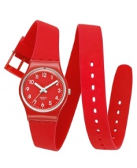 Bold colors and sporty designs define classic Swatch style on this Bitter Cranberry collection watch.