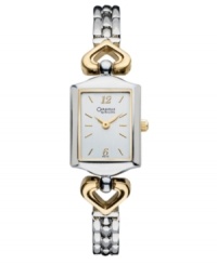 Signature style from Caravelle by Bulova. Silver tone mixed metal bracelet with unique gold tone links and rectangular case. Brushed silver tone dial features gold tone numerals at twelve and six o'clock, stick indices, three hands and logo. Quartz movement. Moisture resistant. Two-year limited warranty.