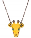 Lengthen your neck with this cute giraffe pendant necklace from Betsey Johnson. Hanging from a bronze tone chain, the pendant is embellished with crystal accents and brown details. Crafted in antiqued gold tone mixed metal. Approximate length: 16 inches + 3-inch extender. Approximate drop: 1-3/4 inches.