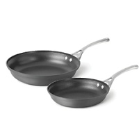 Ideal for creating healthy, low-fat omelettes, each pan in this set features a hard-anodized exterior that distributes heat evenly eliminating hot spots, and a nonstick interior that offers effortless food release with little to no added fat and easy clean up.