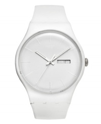 This white accessory is the perfect finishing touch for the season: a classic silicone Swatch watch from the White Rebel collection.