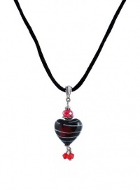 Necklace - N87 - Heart Shape Murano Style Glass with Swarovski Crystal Dangles ~ Red and Black Stripe