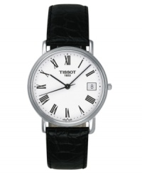 Distinguished and handsome, this men's watch from Tissot is timeless in style. Croc-embossed black leather strap. Round silvertone stainless steel case and round white dial with logo, date window and roman numeral indices. Quartz movement. Water resistant to 30 meters. Two-year limited warranty.