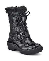 Face icy weather in sparkling style in these glittering lace up Sperry Top-Sider boots. With waterproof patent on the outside and warm, faux fur on the inside, you're in step with the trends and the winter weather forecast.