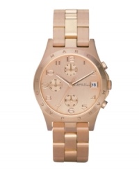 Light up the room with this impossibly rosy Henry watch by Marc by Marc Jacobs. Rose-gold ion-plated stainless steel bracelet and round case. Bezel etched with logo. Rose-goldtone chronograph dial features applied numerals at markers, date window at three o'clock, three subdials, three hands and subtle logo. Quartz movement. Water resistant to 30 meters. Two-year limited warranty.