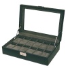 Watch Box Storage Case Black Leather White Stitching 12 Watches Glass Window