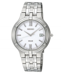 Time-honored style and watchmaking expertise, by Seiko. This solar-powered watch features a flawless stainless steel bracelet and round case, 37mm. Handsome white dial with silvertone hands, stick indices, Roman numerals at twelve and six o'clock and date window at three o'clock. Solar quartz movement also allows for ten-month energy storage, quick start function and energy depletion warning. Water resistant to 30 meters. Three-year limited warranty. A Macy's exclusive.