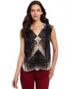 HALSTON HERITAGE Women's Sleeveless V-Neck Drapey Top, Black Diamond Print, 10