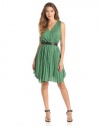 HALSTON HERITAGE Women's Sleeveless Halter Pleated Dress, Loden, 2