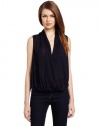 HALSTON HERITAGE Women's Sleeveless V-Neck Wrap Front Top, Navy, X-Small