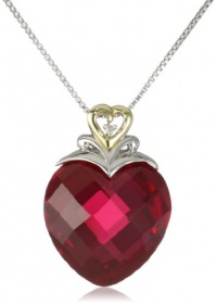 XPY Sterling Silver and 14k Yellow Gold Created Ruby Heart and Diamond Accent Pendant Necklace, 18