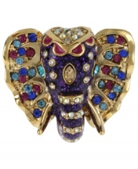 An elephant never forgets to add color to an outfit. This elephant ring from Betsey Johnson is embellished with multi-colored crystal accents. Crafted in antiqued gold tone mixed metal. Ring stretches to fit finger. Size 7-1/2.