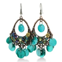 Gold Tone Woven 2 Inch Pear Shaped Floral Drop Earrings with Shimmering Turquoise Colored Discs