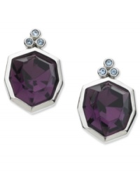 Stylish in silver. The color of amethyst stands out in these stud earrings from T Tahari, which also feature light sapphire accents. The base is crafted of silver-tone, nickel-free mixed metal. Approximate diameter: 5/8 inch.