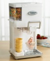 Customize your cone with this ingenious soft serve ice cream maker that automatically adds up to three of your favorite mix-ins. Make a heaping 1-1/2 quarts of fun, fresh ice cream in just 20 minutes, then pull out tabs to release mix-ins - like chocolate chips or sprinkles - down the chute and right into your frozen dessert for an extra tasty treat. When your combination is just right, simply pull down the handle to dispense! Removable parts for easy cleaning. Three-year limited warranty.