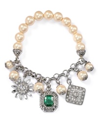 Glittering glass stones and luminous pearl charms fashion this glamorous Carolee bracelet that stretches for a perfect fit.